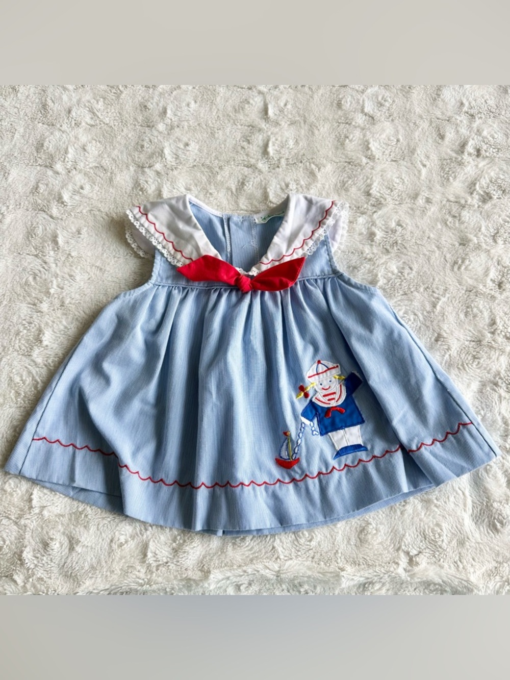 Vintage Tiny Tots Sailor Dress Baby 18 Months Blue Striped Cotton Nautical Cute